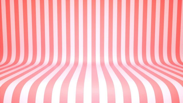 Striped candy pink studio stage background. Seamless loop. 
Optical pink and white stripes 3d rendering animation