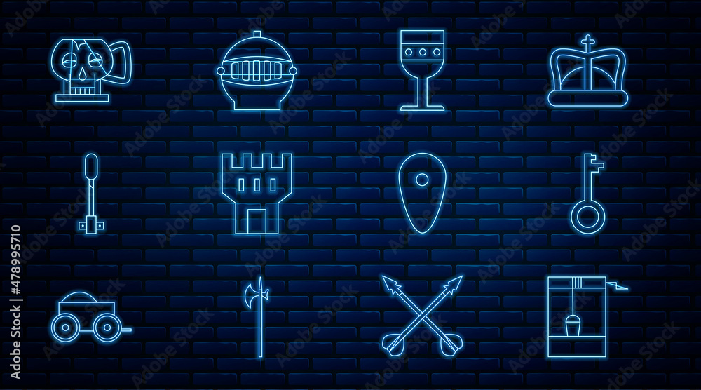 Sticker set line well with bucket, old key, medieval goblet, castle tower, torch flame, cup from the skull, 