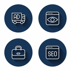 Set line Advertising on truck, Personal information collection, Briefcase and SEO optimization with long shadow. Blue circle button. Vector