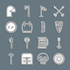 Set line Round wooden shield, Torch flame, Shield, Medieval flag, Body armor, iron helmet and bow icon. Vector