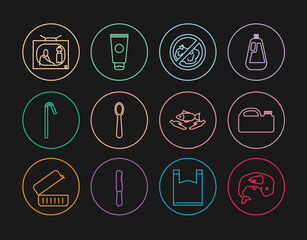 Set line Environment protection whale dead, Canister for machine oil, No trash, Disposable plastic spoon, Drinking straw, Stop pollution, Fish care and Cream cosmetic tube icon. Vector