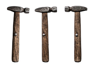 Old fashioned aged hammer with cracked wooden handle with different lighting isolated on white background