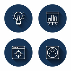 Set line Light bulb, Board with graph chart, Target financial goal and Create account screen with long shadow. Blue circle button. Vector