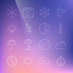 Set line Compass, Sun and cloud, Meteorology thermometer, Snowflake, Rooster weather vane, Sunrise, and Eclipse of sun icon. Vector