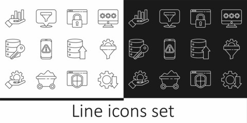 Set line Cost reduction, Secure your site HTTPS, SSL, Mobile exclamation mark, Server security key, Pie chart infographic, Server, Data, Web Hosting and Location sales icon. Vector