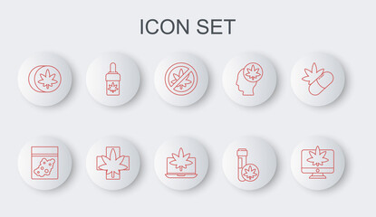 Set line Monitor and marijuana or cannabis, Plastic bag of, Stop leaf, Chemical test tube with, Herbal ecstasy tablets, Marijuana olive oil, Medical and Laptop icon. Vector