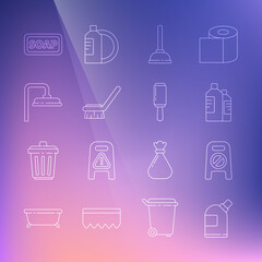 Set line Bottles for cleaning agent, Wet floor and progress, Rubber plunger, Brush, Shower head, Bar of soap and Adhesive roller icon. Vector