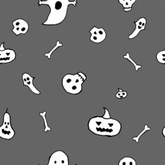 Cute Halloween seamless pattern. Vector monochrome background with bone, pumpkin, skull, ghost.