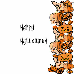 Happy Halloween vector card. Holiday bordure with pumpkins on white background for banner, poster, greeting card, party invitation.