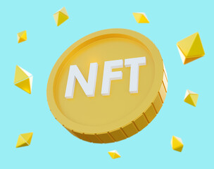 Concept of NFT non fungible token.Coins minimal design 3d rendering illustration - obrazy, fototapety, plakaty