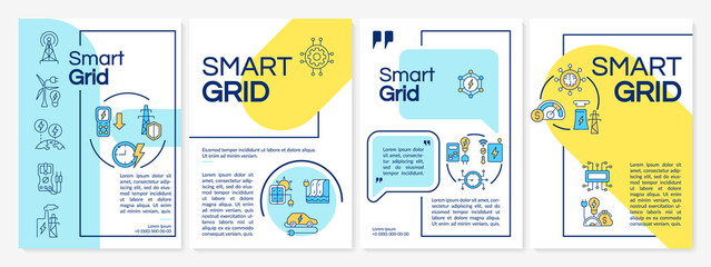 Smart grid blue and yellow brochure template. Power delivery. Booklet print design with linear icons. Vector layouts for presentation, annual reports, ads. Questrial-Regular, Lato-Regular fonts used