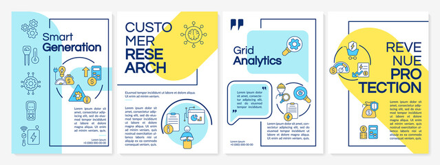 Possibilities of smart grid blue and yellow brochure template. Booklet print design with linear icons. Vector layouts for presentation, annual reports, ads. Questrial-Regular, Lato-Regular fonts used