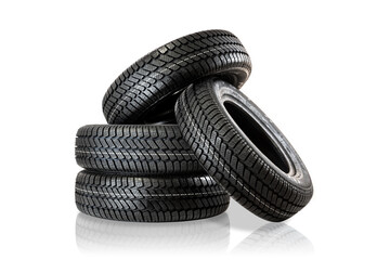 Set of four new tyres on white background.  All weather tyres. No logo and name visible, only tire...