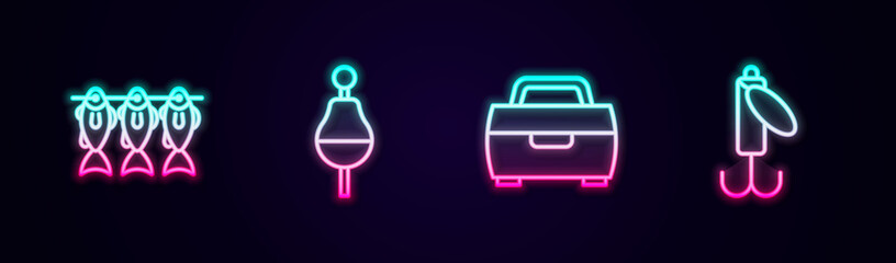 Set line Dried fish, Fishing float, Case or box for fishing equipment and lure. Glowing neon icon. Vector