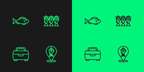 Set line Location fishing, Case or box for equipment, Fish and Dried icon. Vector