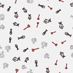 Set line Fish skeleton, Spinning reel for fishing and Fishing net on seamless pattern. Vector