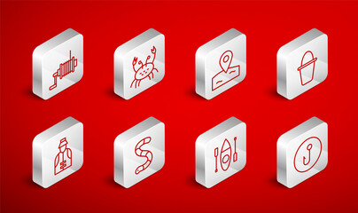 Set line Fishing hook, Crab, Location fishing, bucket, Kayak or canoe, Spinning reel for, Worm and Fisherman icon. Vector