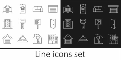 Set line House, Closed door, Sofa, key, Online real estate house, Parking and icon. Vector