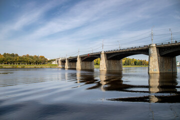 Fototapeta na wymiar New Volzhsky bridge across the Volga in Tver, September 2020