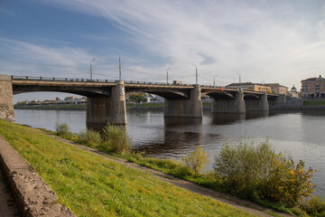 Fototapeta na wymiar New Volzhsky bridge across the Volga in Tver, September 2020