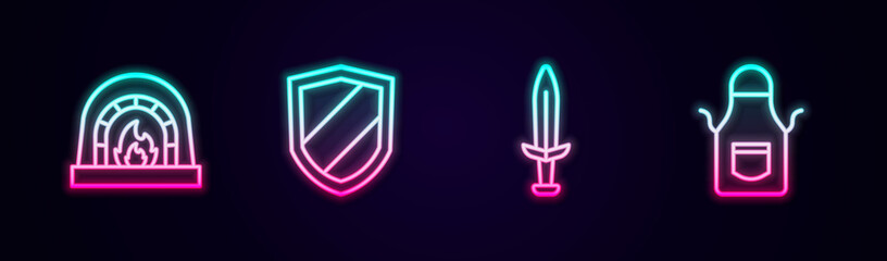 Set line Blacksmith oven, Shield, Medieval sword and apron. Glowing neon icon. Vector