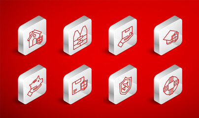 Set line Lifebuoy, jacket, Delivery insurance, Graduation cap with shield, Plane, House, security and Piggy bank icon. Vector