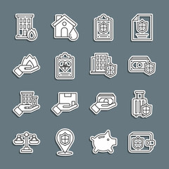 Set line Wallet with shield, Travel suitcase, Money, Document, Health insurance, Hand holding fire, Fire burning house and House icon. Vector