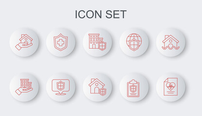 Set line Health insurance, House, with shield, Document, Location and icon. Vector