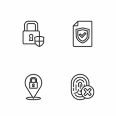 Set line Cancelled fingerprint, Lock, Shield security with lock and Contract shield icon. Vector