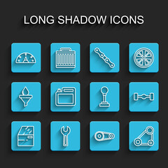 Set line Car door, Wrench spanner, Speedometer, Timing belt kit, Canister for motor oil, Chassis car and Gear shifter icon. Vector