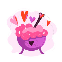Vector hand drawn style magic love potion boiler with hearts inside. 
Decoration for menu specials, print design, postcards, t-shirts, posters.