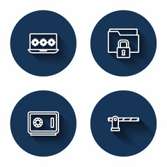 Set line Laptop with password, Folder and lock, Safe and Parking car barrier with long shadow. Blue circle button. Vector