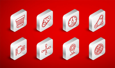 Set line Alloy wheel, Timing belt kit, Speedometer, Car service, air filter, Wheel wrench and Check engine icon. Vector