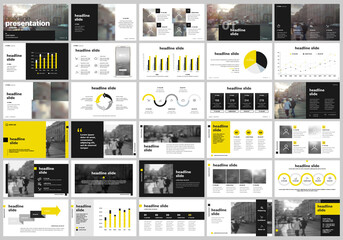Presentation template. Yellow elements for slide presentations on a white background. Use also as a flyer, brochure, corporate report, marketing, advertising, annual report, banner. Vector - obrazy, fototapety, plakaty