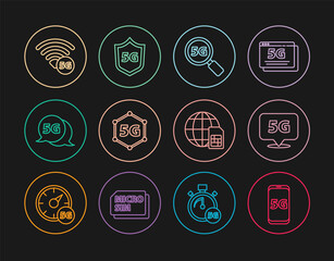 Set line Mobile with 5G network, Location, Search, Globe Sim Card and Protective shield icon. Vector