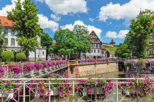 View over Rossneckar Canal to the castle, old town of Esslingen am Neckar, Baden-Wurttemberg
