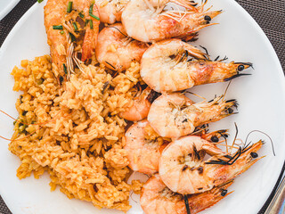 Plate with seafood. Top view, close-up. Tasty and healthy food concept