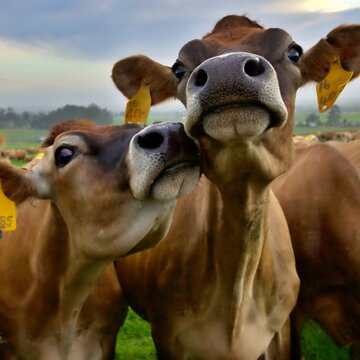 Close up view of two dairy cows in a green pasture field.