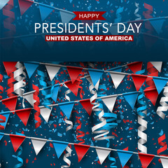 Happy Presidents day banner background. USA flag colors, balloons and confetti. American public holiday. Realistic vector illustration.