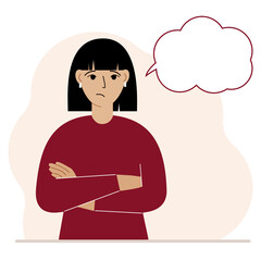 Young sad and upset woman thinks and blank thought, speech bubble. The arms are crossed over the chest. Place for your text.