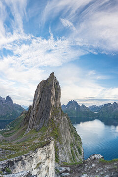 Scenic view of Segla Mountain peak and fjord at sunset, Senja, Troms county, Norway, Scandinavia