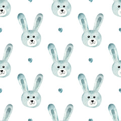Cute bunny, watercolor print. Seamless pattern. Childrens illustration