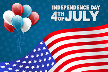 4th of July United States national Independence Day celebration background with American flag and balloons. Vector illustration.