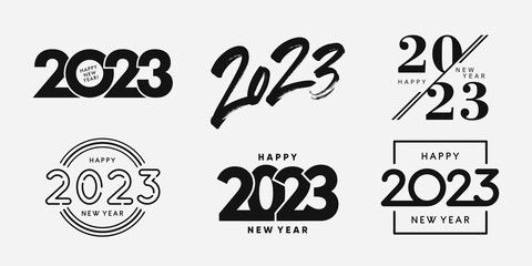 Big Set of 2023 Happy New Year logo text design. 2023 number design template. Collection of 2023 Happy New Year symbols. Vector illustration with black labels isolated on white background.  - obrazy, fototapety, plakaty