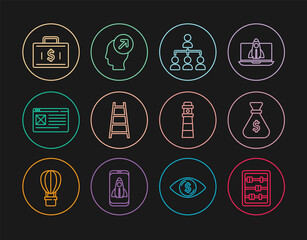 Set line Abacus, Money bag, Hierarchy organogram chart, Stair with finish flag, Browser window, Briefcase and money, Lighthouse and Head hunting concept icon. Vector