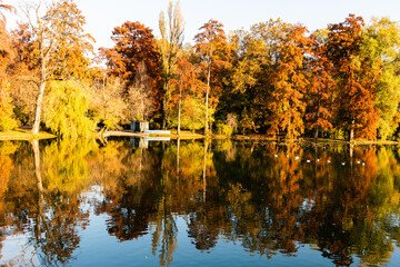 Landscape with Carol park in autumn colors. Bucharest, Romania.