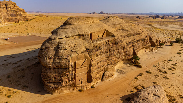 Aerial of the rock tombs, Madain Saleh (Hegra) (Al Hijr), UNESCO World Heritage Site, Al Ula