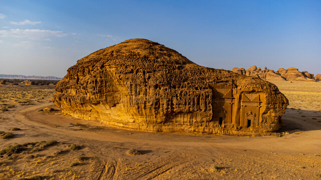 Aerial of the rock tombs, Madain Saleh (Hegra) (Al Hijr), UNESCO World Heritage Site, Al Ula