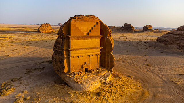 Aerial of the Tomb of Lihyan, son of Kuza, Madain Saleh (Hegra) (Al Hijr), UNESCO World Heritage Site, Al Ula