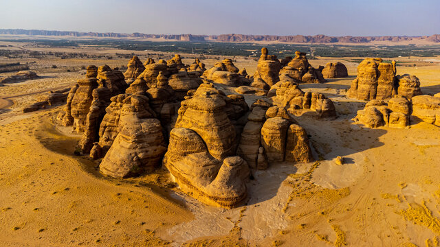 Aerial of beautiful rock formations in the Madain Saleh (Hegra) (Al Hijr), Al Ula